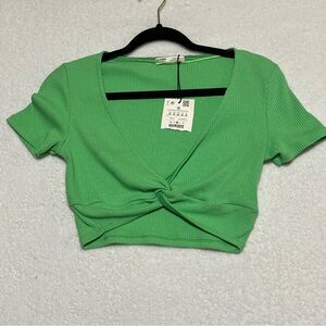 Pull&Bear Women's Ribbed Twist Crop Top Green Size Medium
